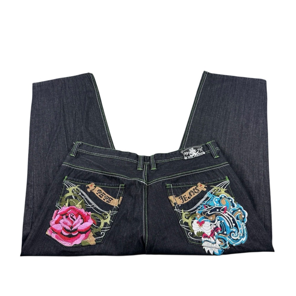 Vintage Pepe Jeans London Men 44x33 Embroidered Baggy Y2K 90s Tiger Rose Blue